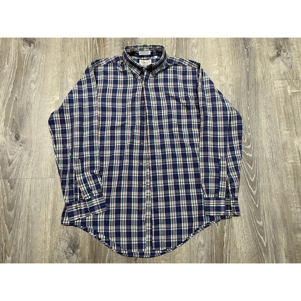 Orvis Mens Large Superfine Poplin Plaid Button Down Shirt Navy Red Long Sleeve